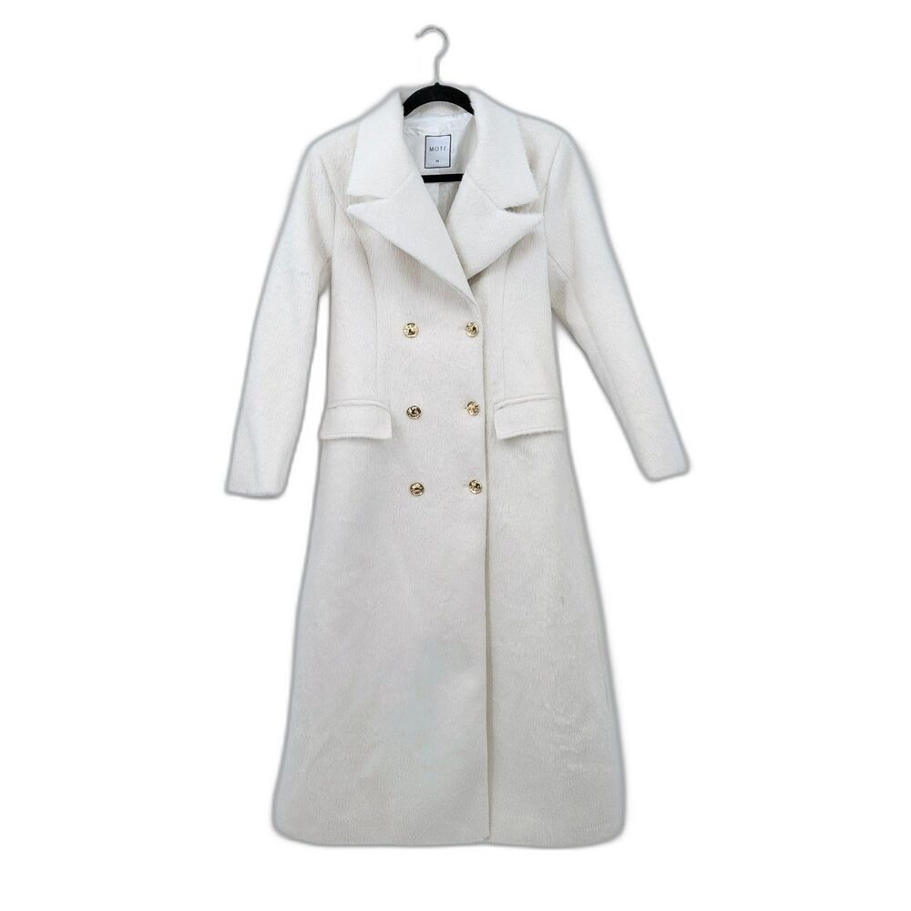 NWT MOTF Winter White Fuzzy Trench Coat Med Gold Wool Blend Glam Double Breast - Picture 2 of 12